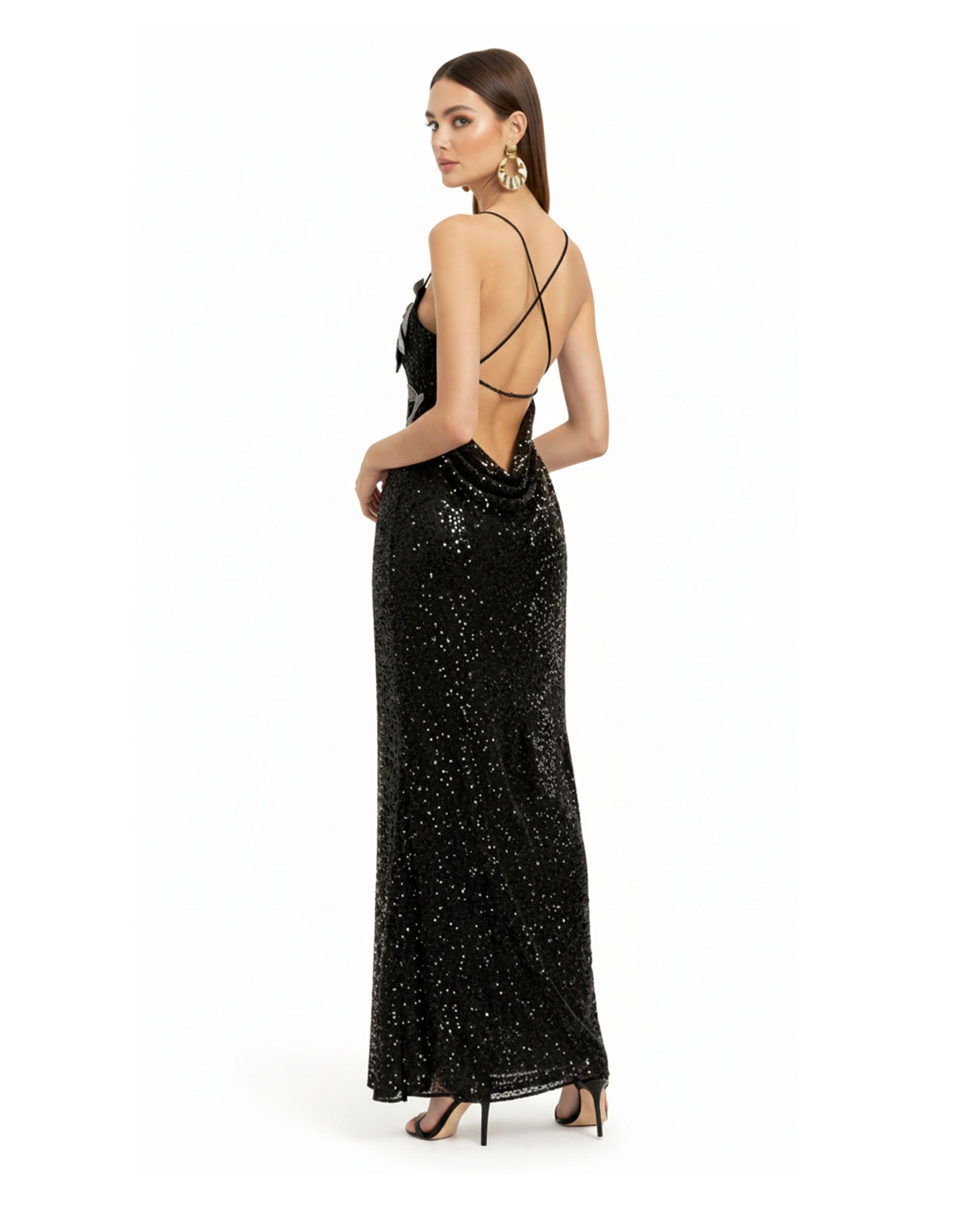 Araminta Sequined Gown with Floral Details - Black/Silver - Image 2