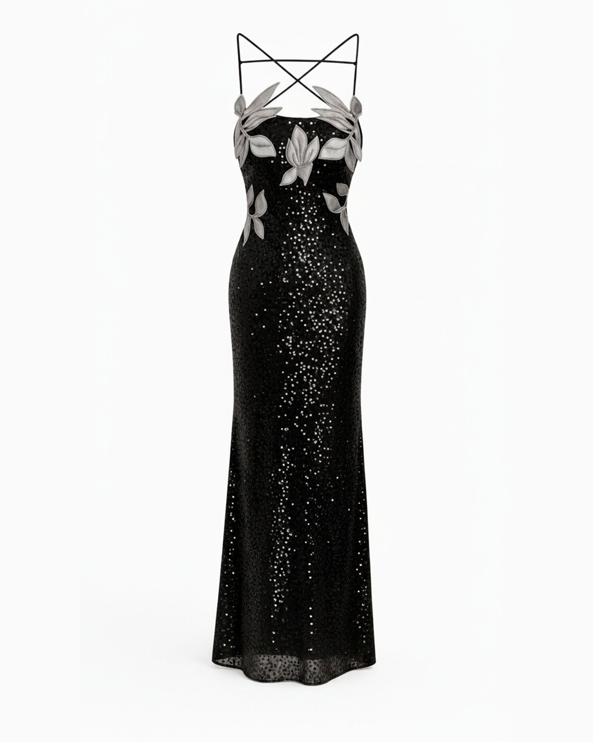 Araminta Sequined Gown with Floral Details - Black/Silver - Image 3