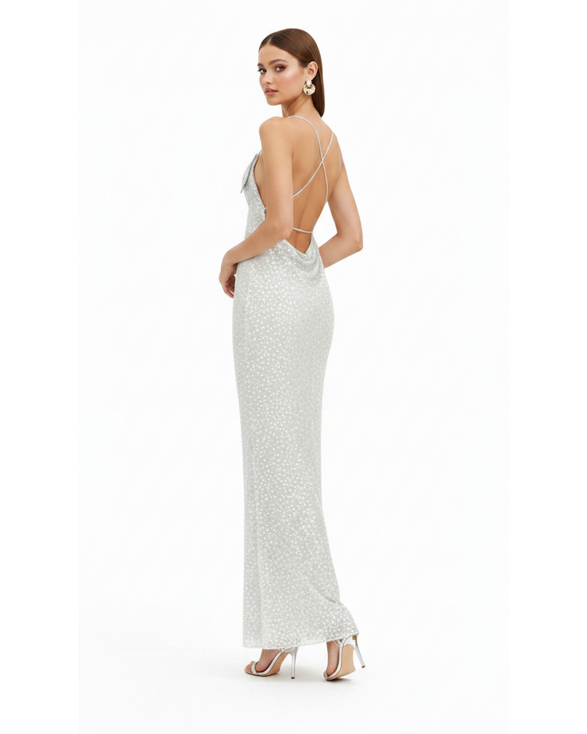 Araminta Sequined Gown with Floral Details - White/Silver - Image 2