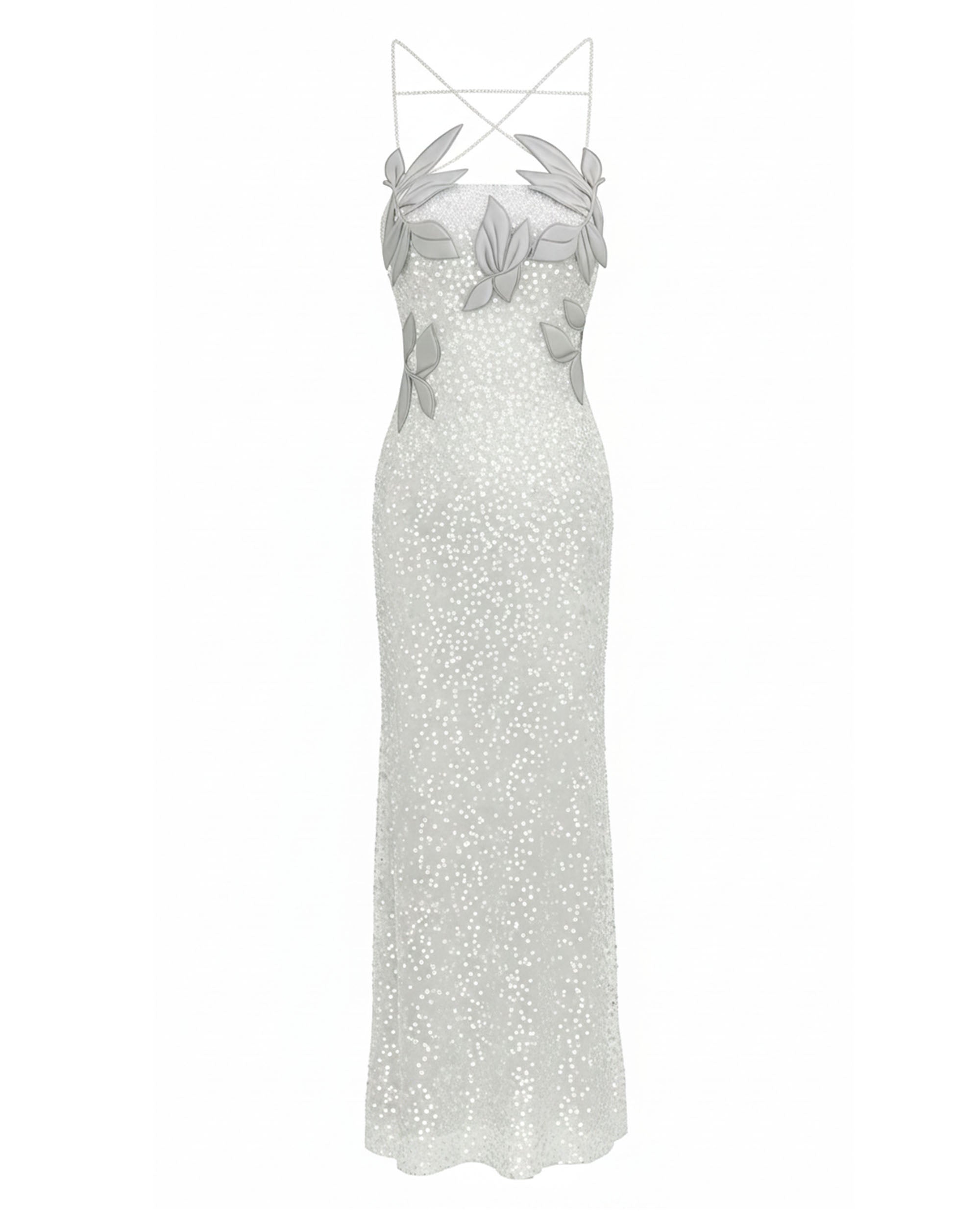 Araminta Sequined Gown with Floral Details - White/Silver - Image 3
