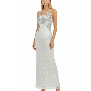 Araminta Sequined Gown with Floral Details - White/Silver