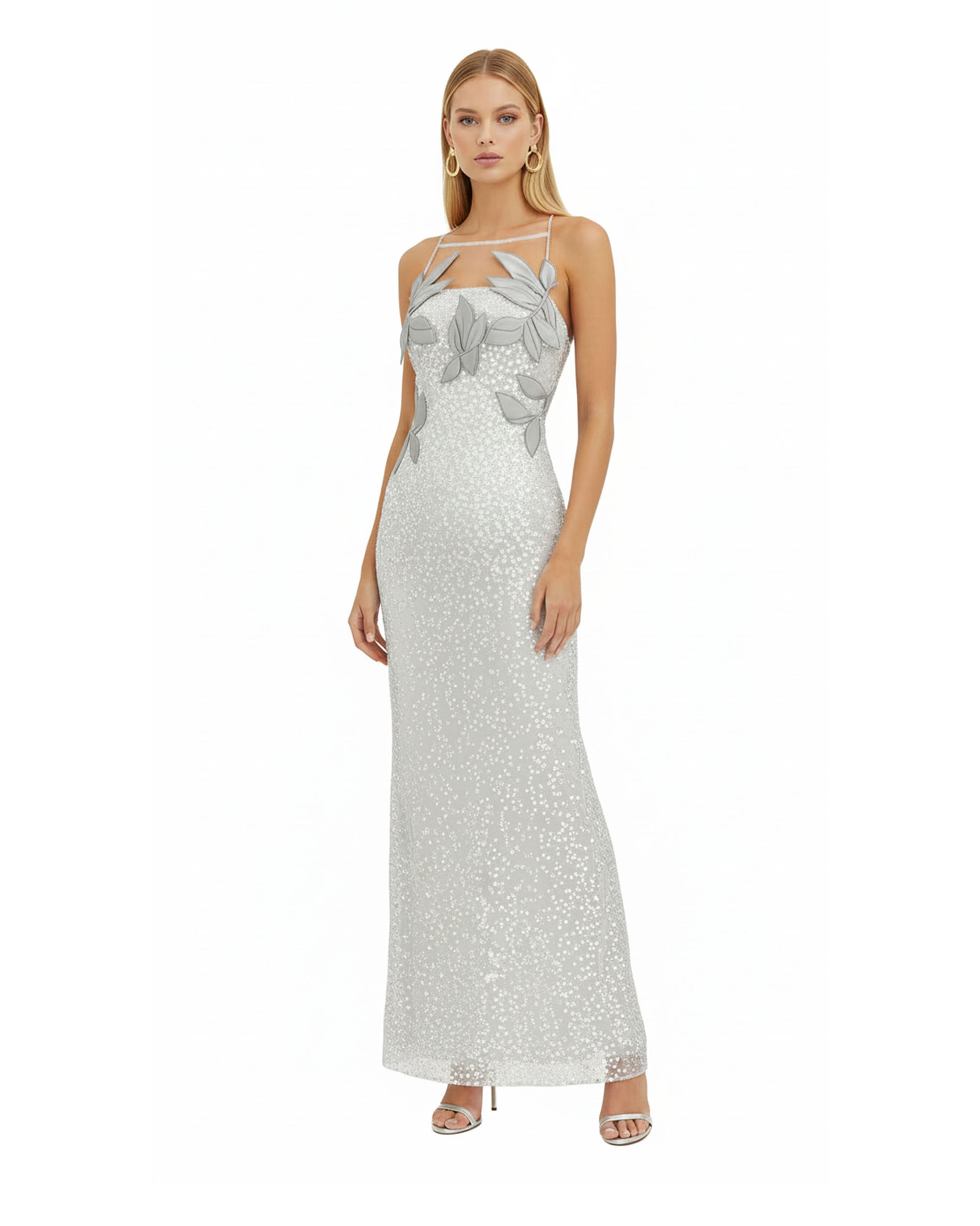 Araminta Sequined Gown with Floral Details - White/Silver