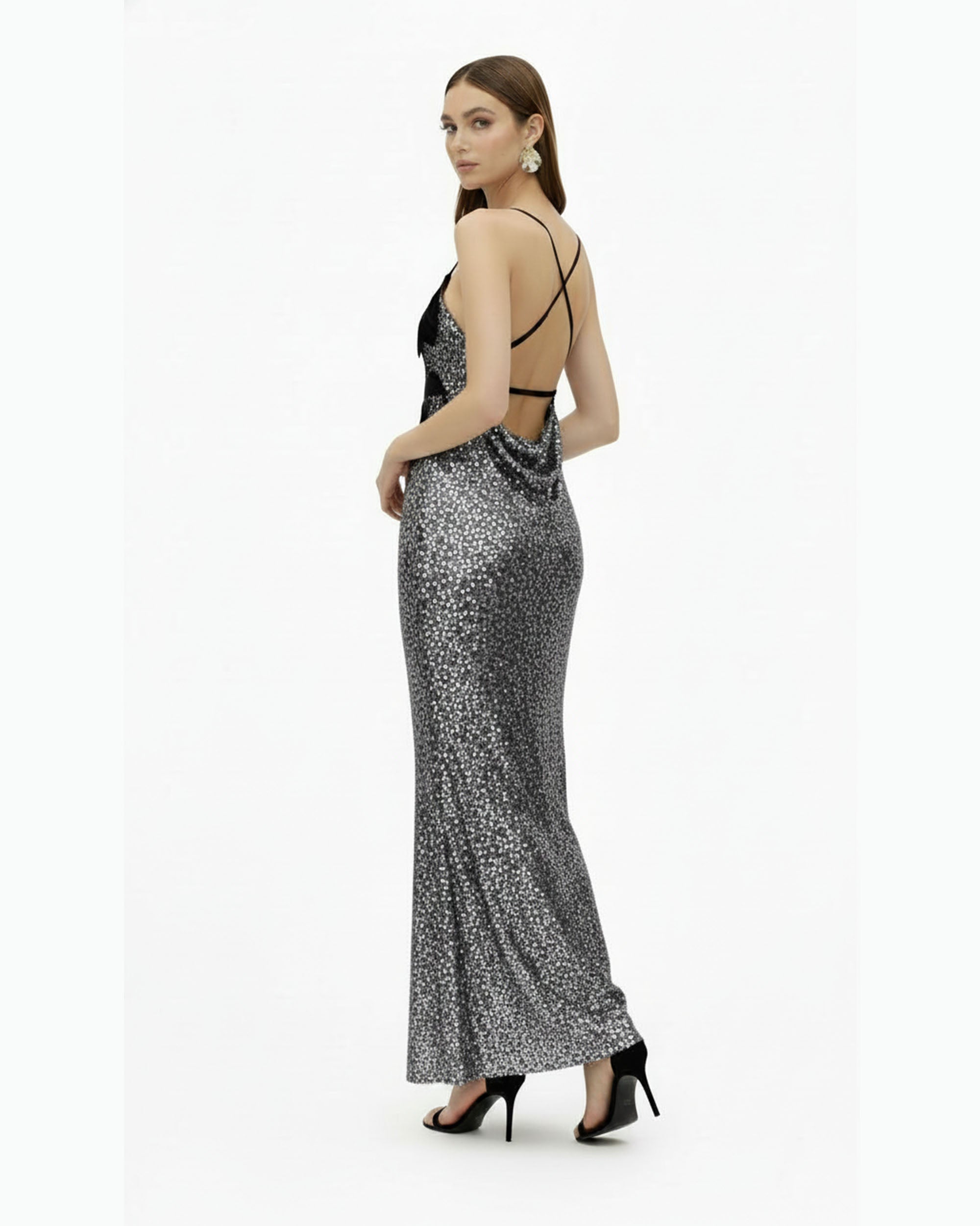 Araminta Sequined Gown with Floral Details - Silver/Black - Image 2