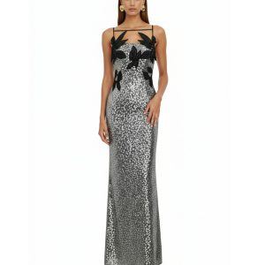 Araminta Sequined Gown with Floral Details - Silver/Black