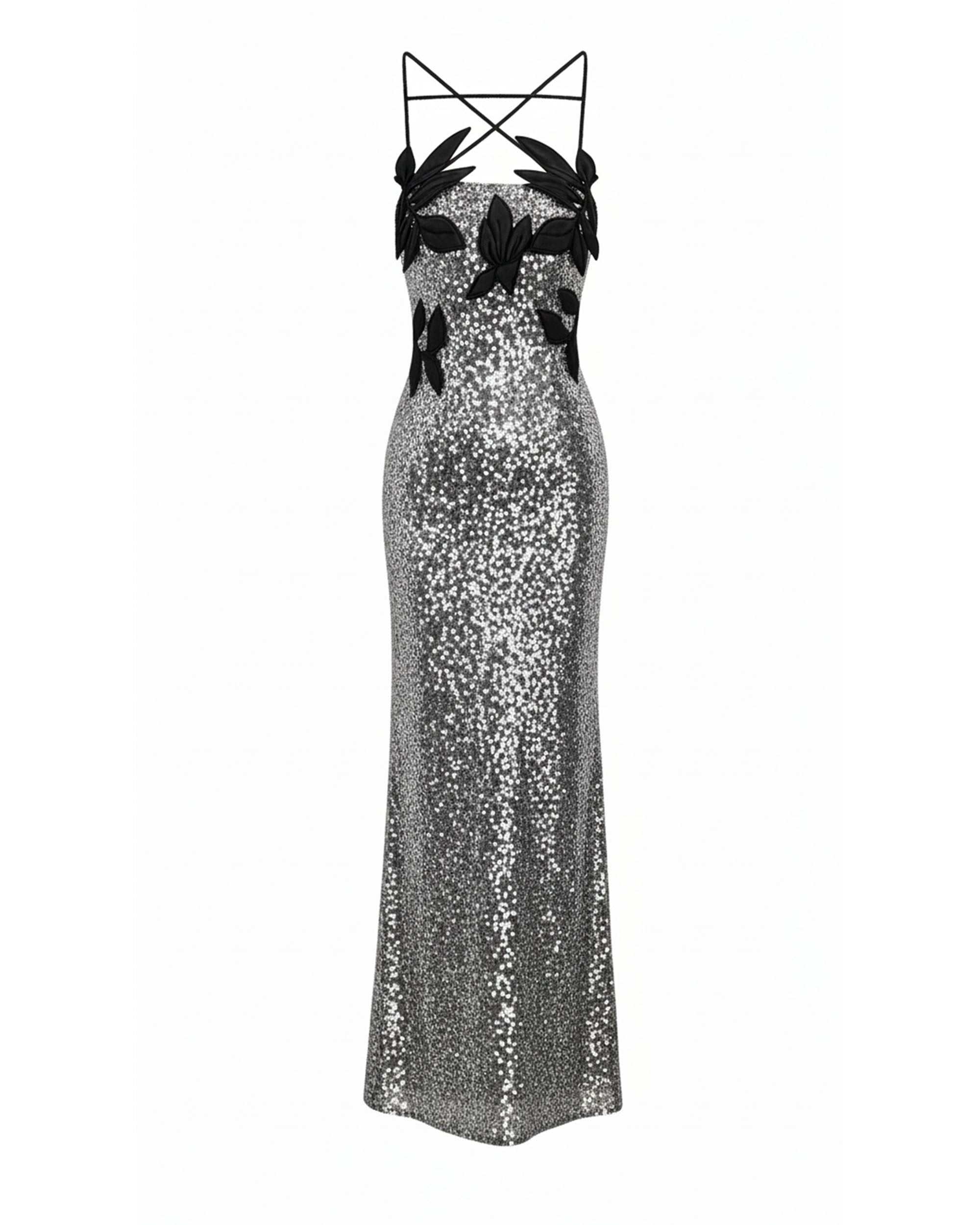 Araminta Sequined Gown with Floral Details - Silver/Black - Image 3