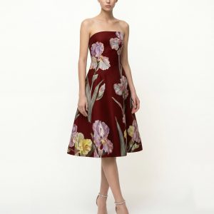 Iris Floral Print Strapless A-Line Dress - Burgundy