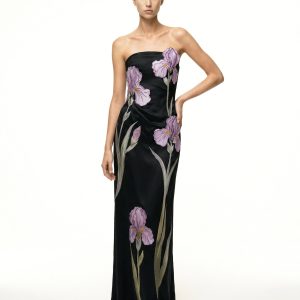 Iris Floral-Appliqué Strapless Maxi Dress - Black