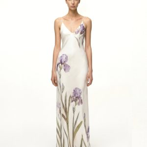 Iris Motif Satin Slip Gown - White