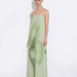 Watercolor Floral Print Strapless Maxi Dress - Green