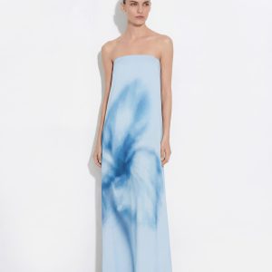 Watercolor Floral Print Strapless Maxi Dress - Blue