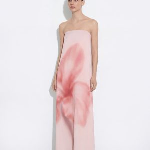 Watercolor Floral Print Strapless Maxi Dress - Pink