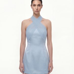 Satin Mini Dress with Tulle Cross-Halter - Blue