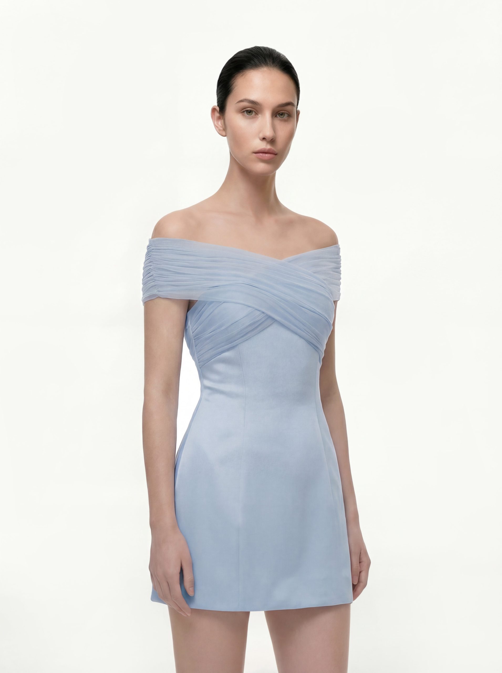 Satin Mini Dress with Tulle Cross-Halter - Blue - Image 2