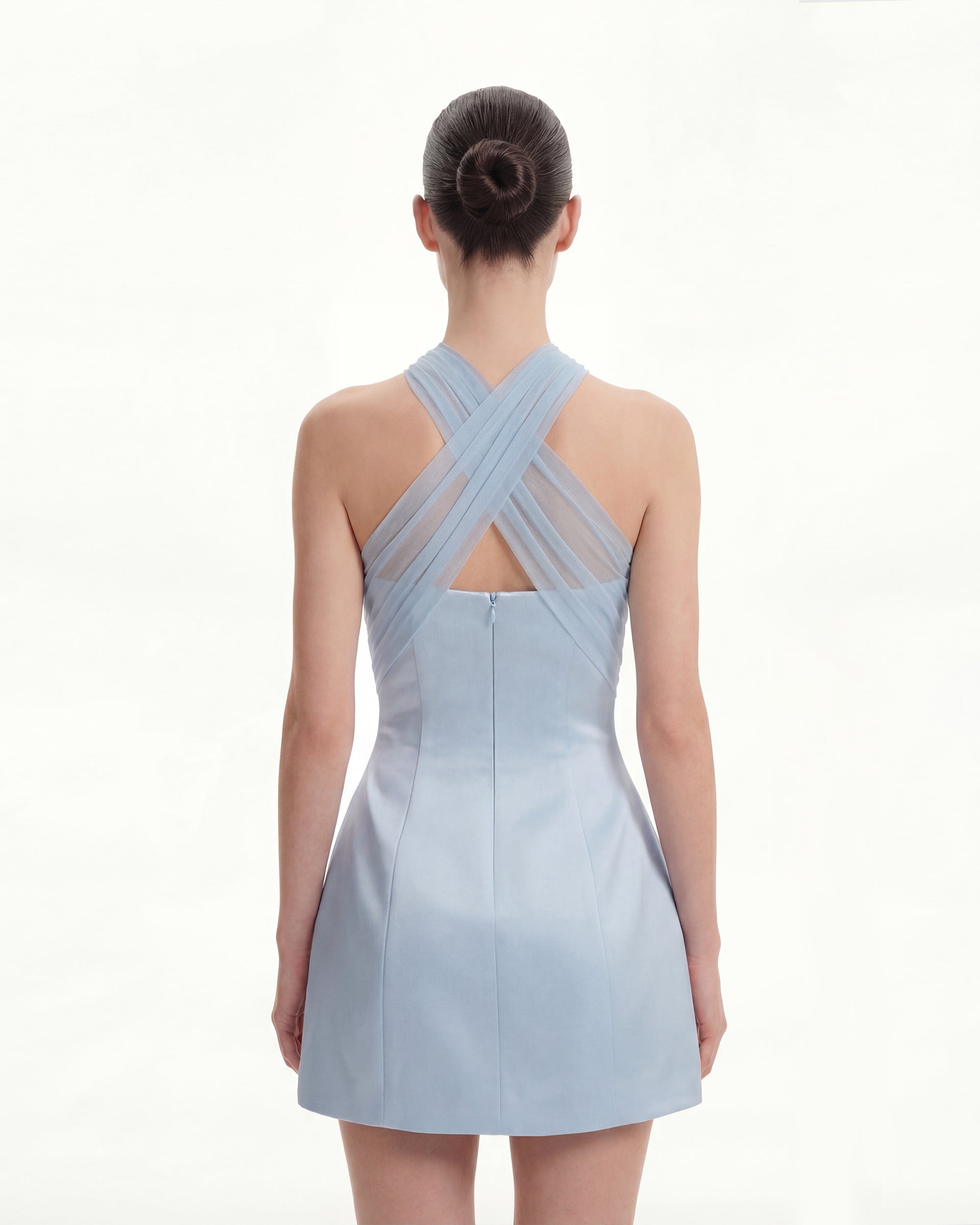 Satin Mini Dress with Tulle Cross-Halter - Blue - Image 3