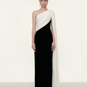 One Shoulder Draped Maxi Dress - Black White
