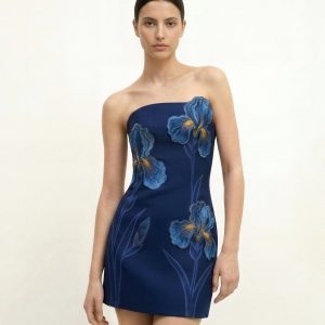 Iris Floral Print Strapless Dress – Navy blue