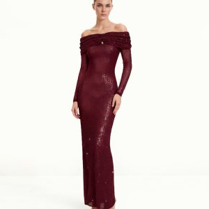 Rhinestone Mesh Off-Shoulder Maxi Dress - Claret