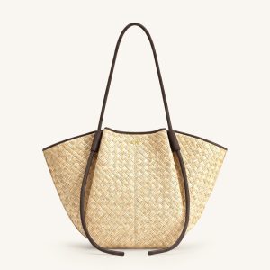Nala Faux Straw Wide Tote Bag - Brown
