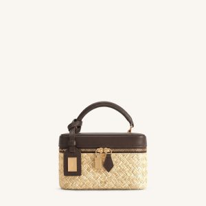 Cleo Faux Straw Box Shape Top Handle Bag - Brown