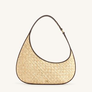 White Faux Straw Shoulder Bag - Brown