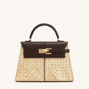 Elise Large Faux Straw Top Handle Bag - Brown