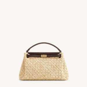 Carmen Faux Straw Top Handle Bag - Brown