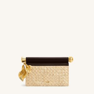 Holly Faux Straw Metal Pendant Embellished Clutch Bag - Brown