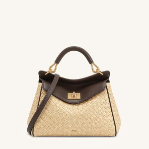 Lucia Classic Faux Straw Woven Top Handle Bag - Brown