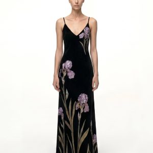 Iris Motif Satin Slip Gown - Black/Purple