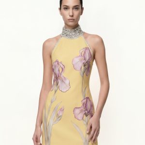 Jeweled Halter Iris Motif Dress - Yellow/Pink