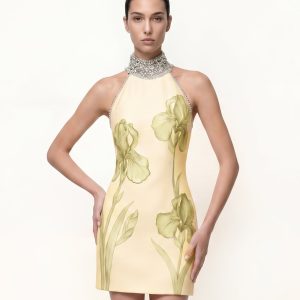 Jeweled Halter Iris Motif Dress - Yellow