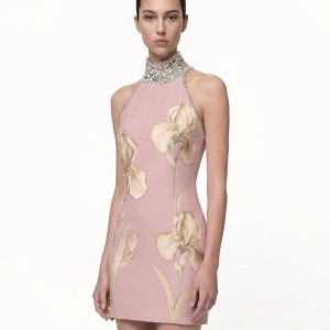 Jeweled Halter Iris Motif Dress - Pink/Champagne