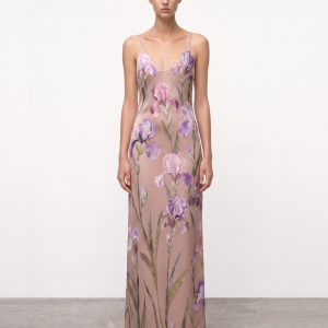 V-Neck Iris Motif Satin Slip Gown - Dusty Rose/Purple