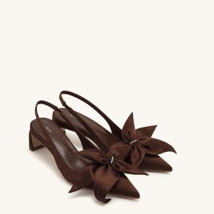Queena Floral Appliques Slingback Pumps - Dark Brown