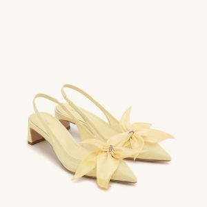 Queena Floral Appliques Slingback Pumps - Yellow