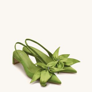 Queena Floral Appliques Slingback Pumps - Olive Green