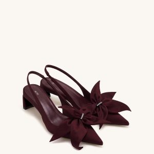 Queena Floral Appliques Slingback Pumps - Deep Burgundy