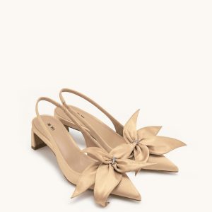 Queena Floral Appliques Slingback Pumps - Champagne