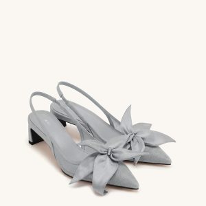 Queena Floral Appliques Slingback Pumps - Gray