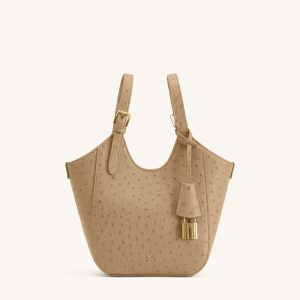 Ines Faux Ostrich Padlock Tote Bag - Khaki
