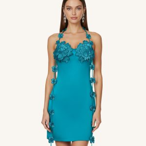 Floral Embellished Slip Mini Dress - Teal Blue