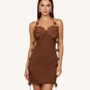 Floral Embellished Slip Mini Dress - Brown
