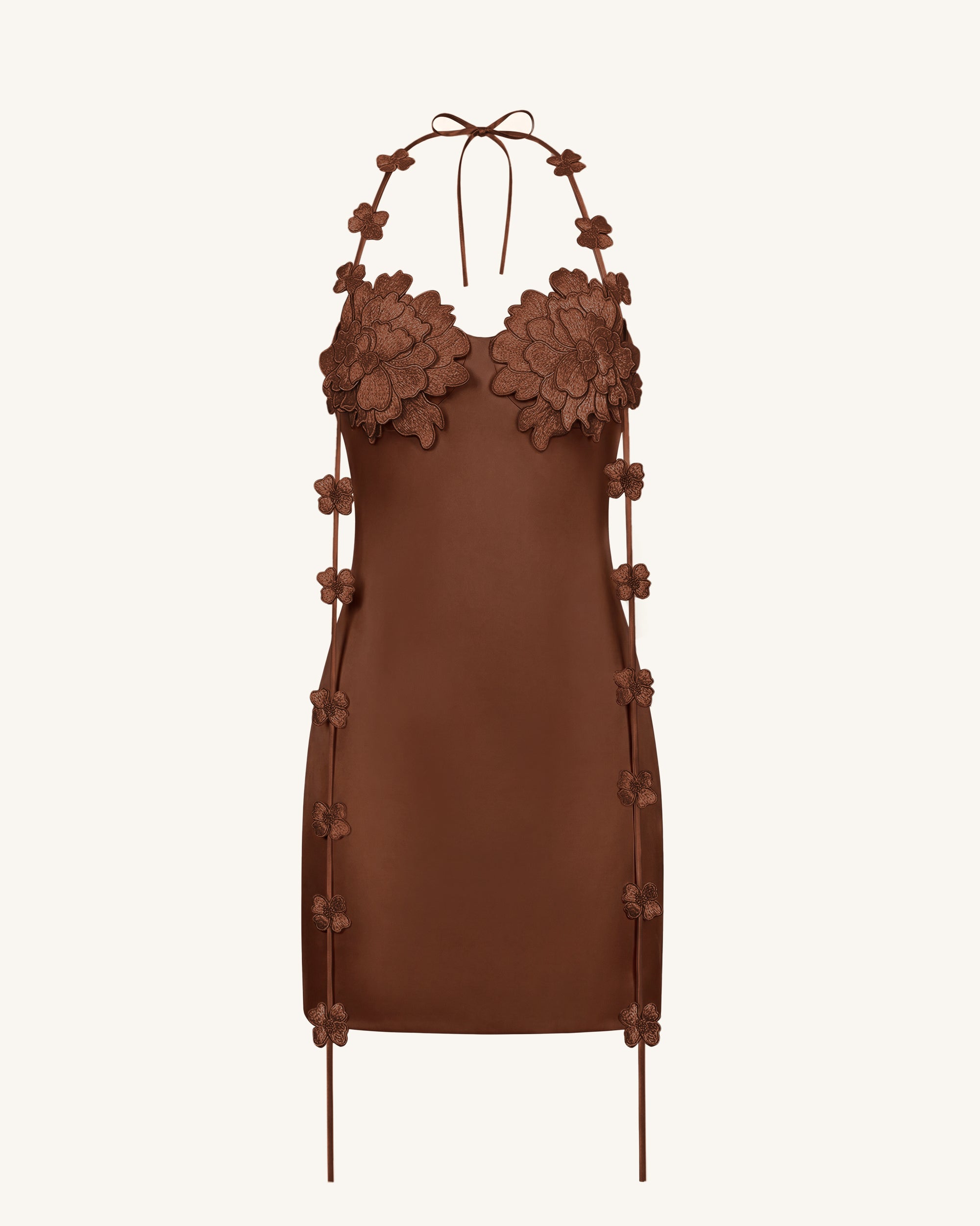 Floral Embellished Slip Mini Dress - Brown - Image 3