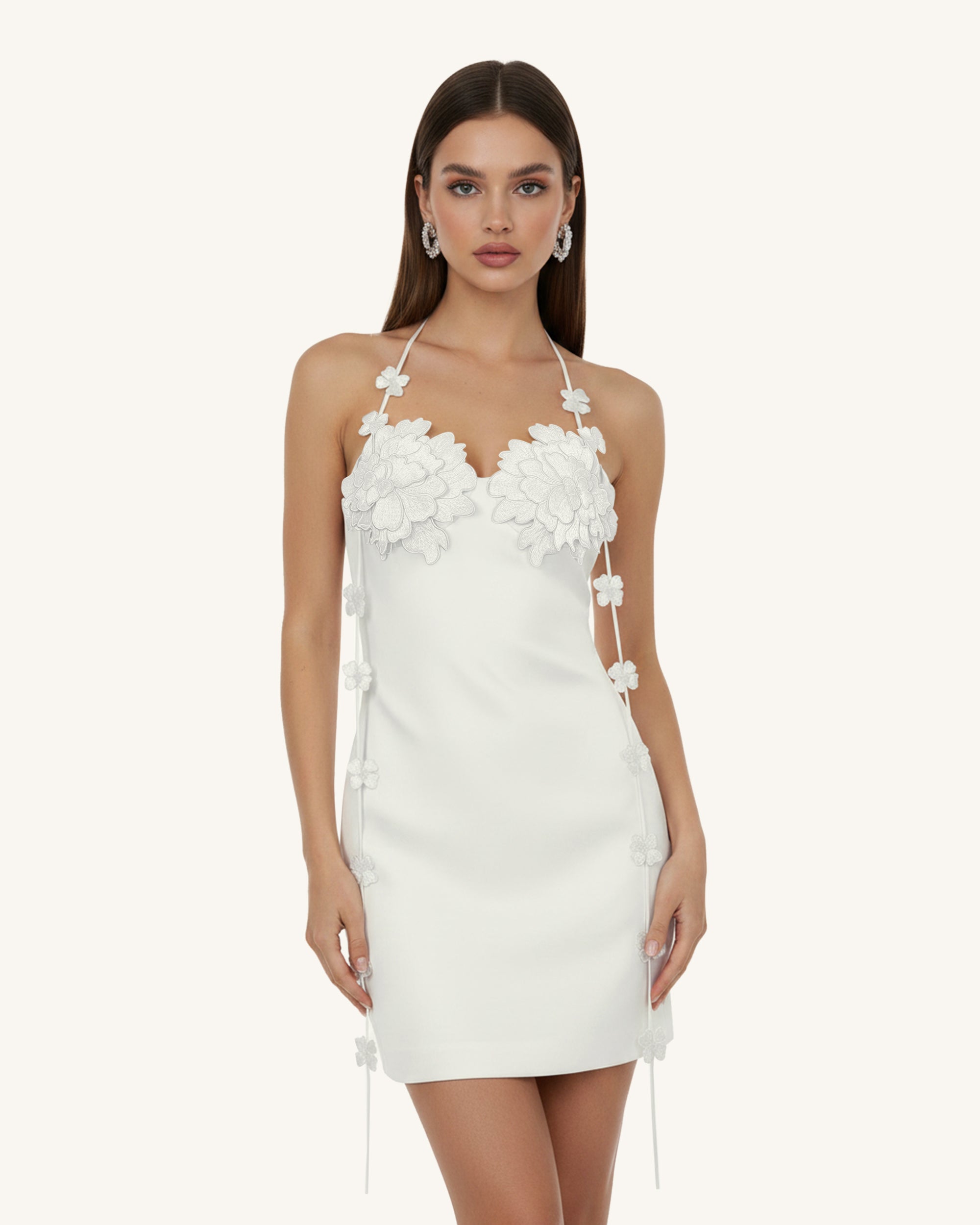 Floral Embellished Slip Mini Dress -White