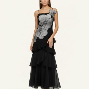 Orchid Embroidered Ruffled One-Shoulder Maxi Dress - Black
