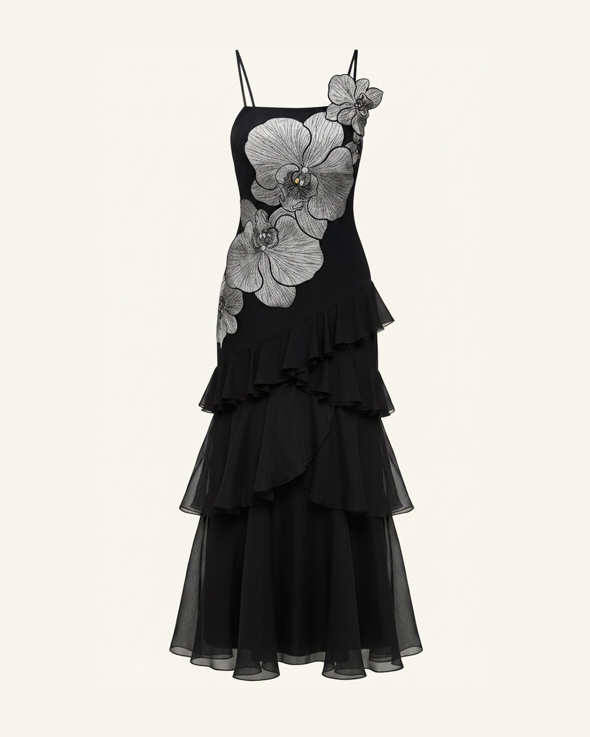 Orchid Embroidered Ruffled One-Shoulder Maxi Dress - Black - Image 3