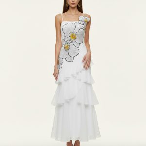 Orchid Embroidered Ruffled One-Shoulder Maxi Dress - White