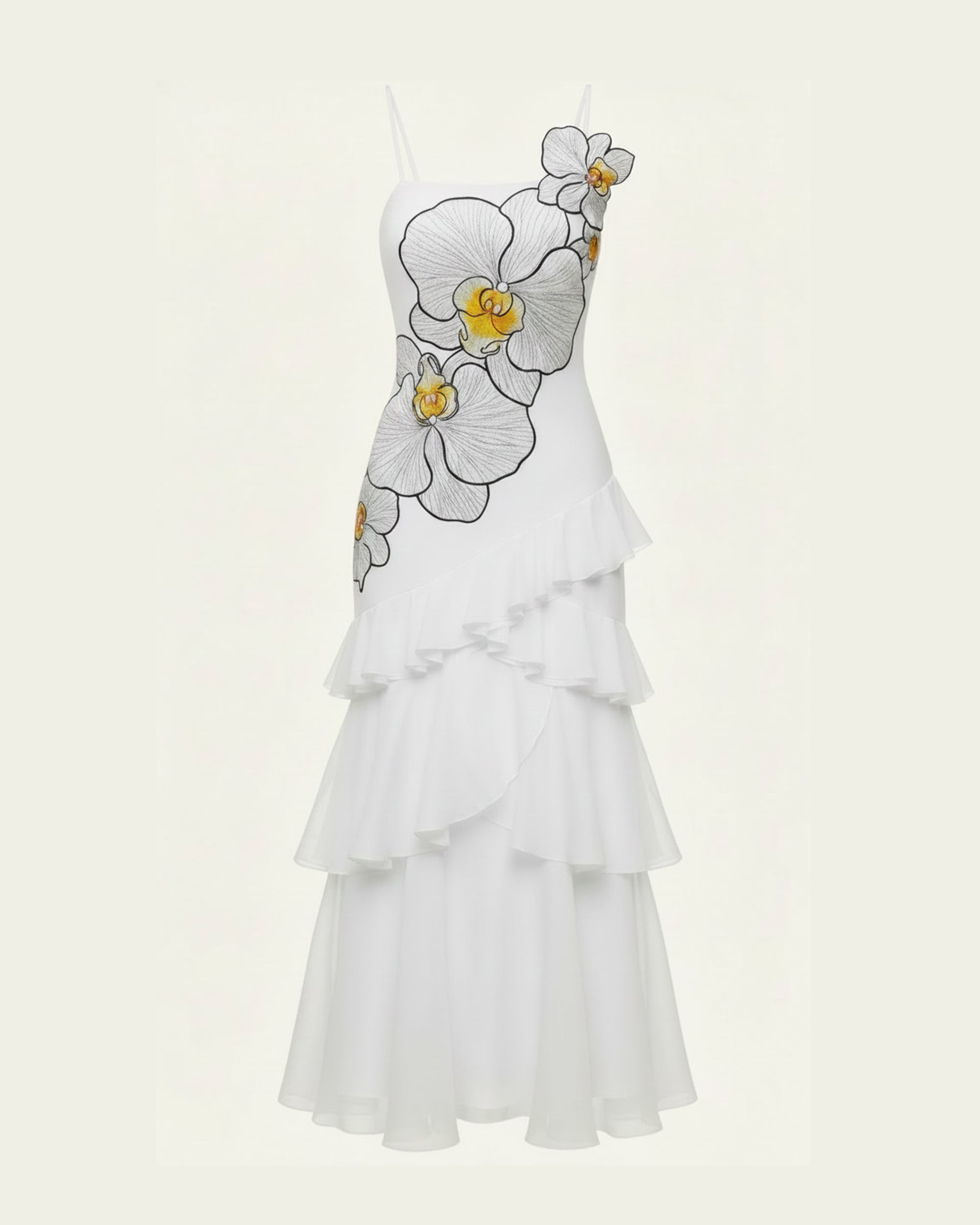 Orchid Embroidered Ruffled One-Shoulder Maxi Dress - White - Image 3