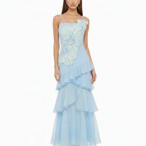 Orchid Embroidered Ruffled One-Shoulder Maxi Dress - Light Blue