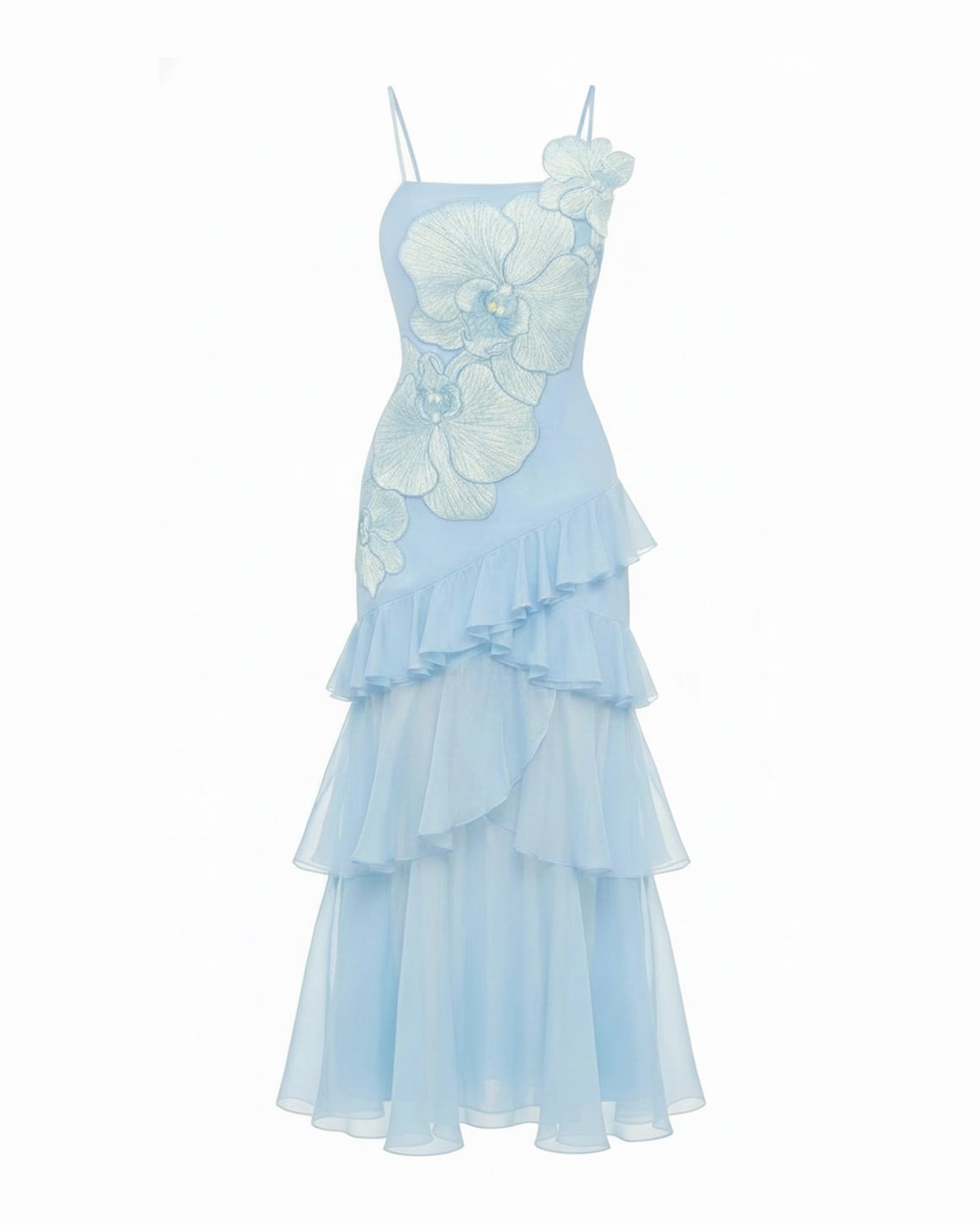 Orchid Embroidered Ruffled One-Shoulder Maxi Dress - Light Blue - Image 3